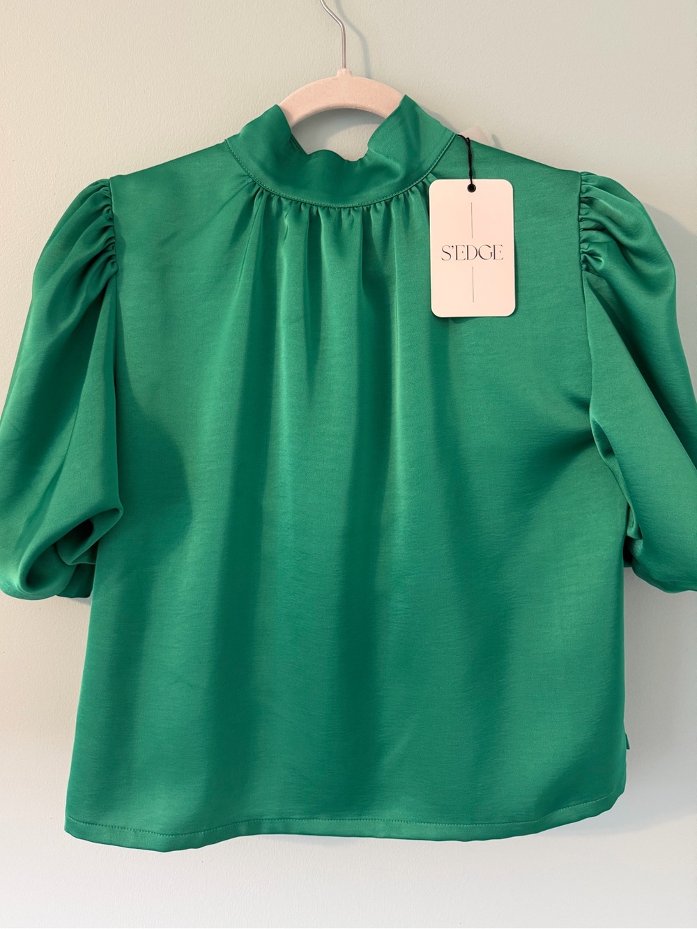 edge Green Puff-Sleeve Mock Neck Blouse